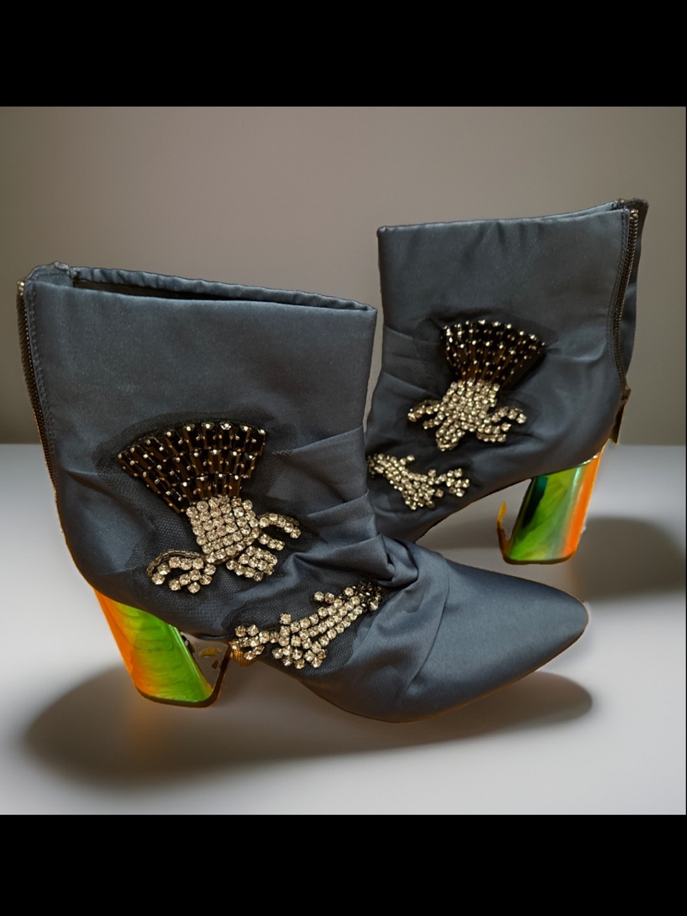 Zara Embellished Blue Ruched Satin Ankle Booties Iridescent 3” Block Heel (38)